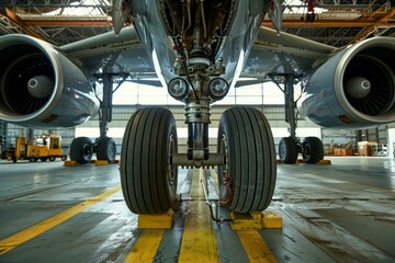 Airplane being prepared for its next flight in an airport hangar