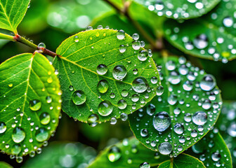 Fresh green leaves sparkle with tiny glistening raindrops, creating vibrant and refreshing scene. droplets enhance beauty of nature, showcasing intricate details of leaves
