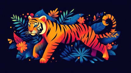A stylized illustration of an orange and black tiger walking through a jungle of vibrant blue, green, and orange foliage.