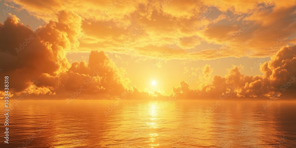 Poster sun setting into the sea. a stunning golden sunset over the ocean with fluffy clouds in the sky.