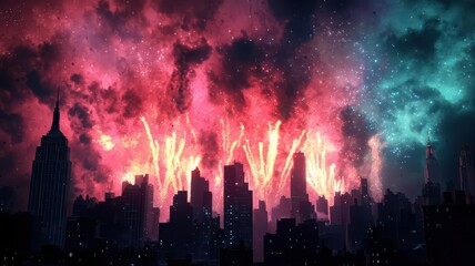 Obraz premium Vibrant fireworks illuminate the night sky above a bustling city skyline, creating a stunning visual spectacle.