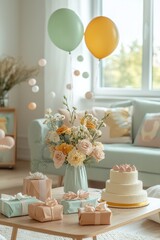 A beautifully arranged baby shower scene in a bright, cozy living room