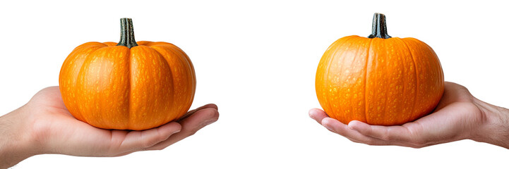Obraz premium A human hand holding Halloween pumpkin, on a transparent background cutout