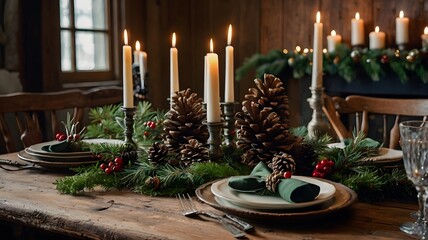 Rustic Christmas Table Setting with Candles and Pine Cones