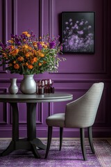 Interior design of warm workplace interior with mock up poster frame, wooden desk, rattan chair, black rack, carpet, vase with dried flowers, books and personal accessories. Home decor, Generative AI