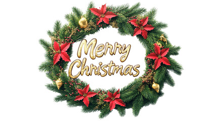 Christmas wreath featuring red poinsettia flowers, gold ornaments, green pine branches on a transparent background cutout
