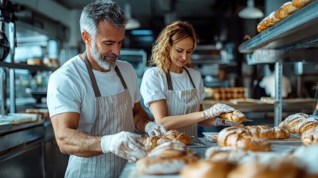 Two bakers in a professional kitchen focus on crafting beautiful, flour-dusted loaves, showcasing teamwork and precision in the art of bread-making.