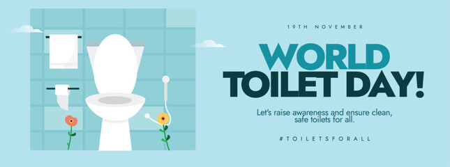 World Toilet day 19th November. Toilet day celebration cover banner with Toilet view, tissue paper, towel and water shower. Cover banner raising awareness about clean and safe toilets for all.