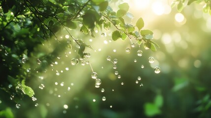 Obraz premium Sunlight shines through green leaves, with raindrops falling from a branch.