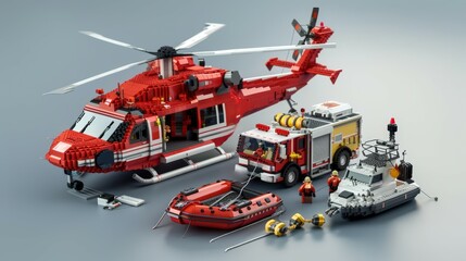 Create detailed 3D illustrations of emergency response vehicles and equipment, including helicopters and rescue boats