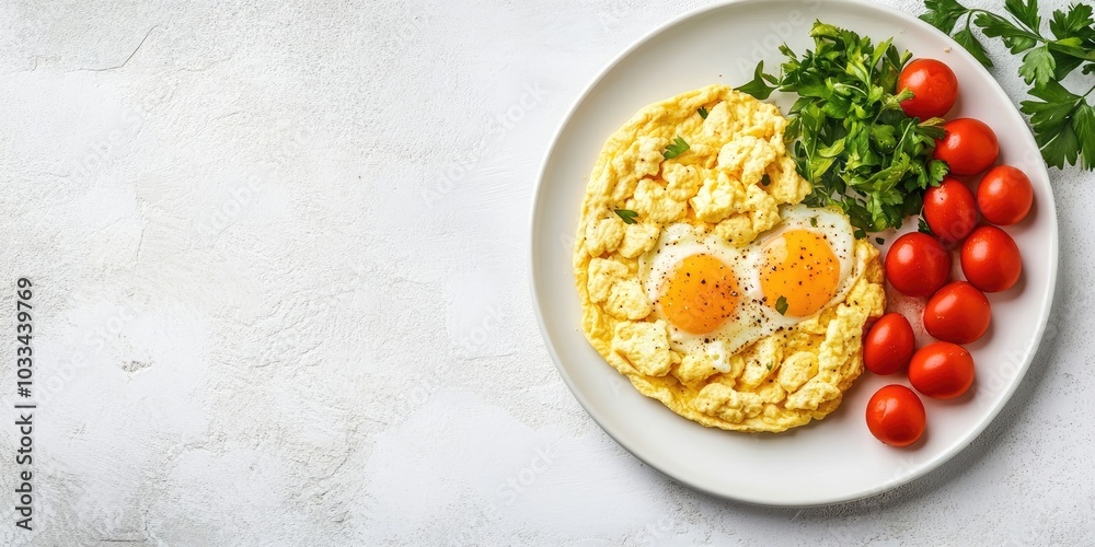Poster omelet and scrambled eggs on a plate against a white stone background with copy space. top view, fla