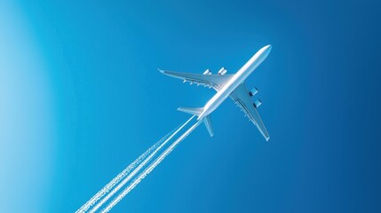 Airplane flying high in clear blue sky, leaving contrails behind
