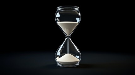 An hourglass with white sand against a black background.