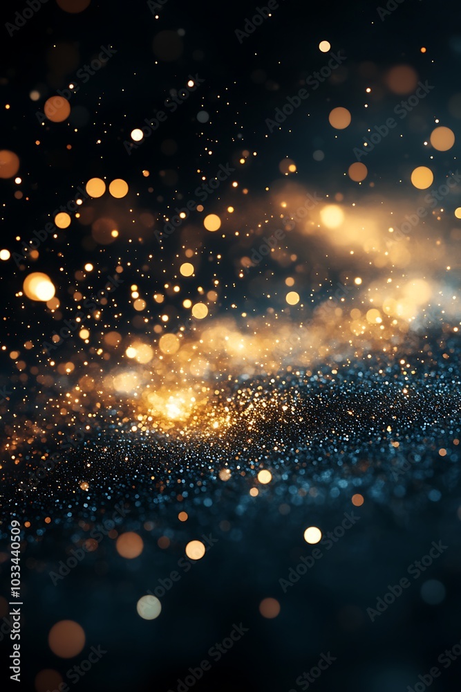 Poster an abstract cosmic scene filled with shimmering golden and blue particles, creating a dreamy, starry
