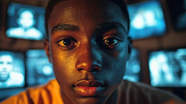 In a dimly lit room, a young boy captivates attention while surrounded by multiple screens showcasing different faces and expressions
