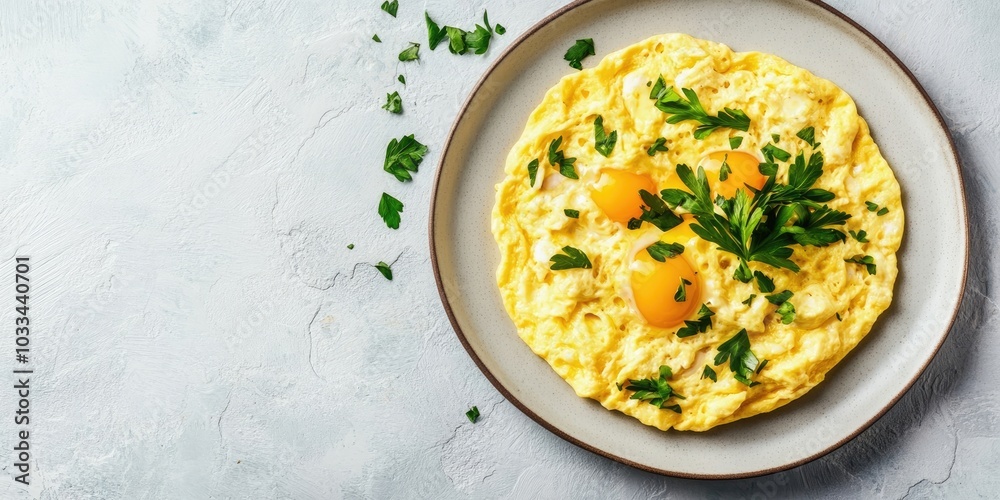 Aufkleber omelet and scrambled eggs on a plate against a white stone background with copy space. top view, fla