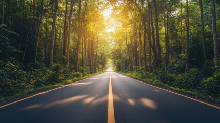 Obraz premium A straight asphalt road leading into a lush forest with sunlight shining through the trees.