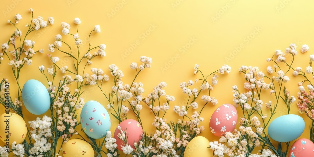 Aufkleber Flat lay top view of colorful Easter eggs painted in pastel shades alongside spring flowers on a yellow pastel background. Easter day background from above with copyspace.
