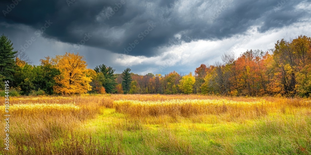 Aufkleber Grassy meadow featuring a patch of goldenrod and trees displaying autumn leaves in the background. Storm clouds overhead.