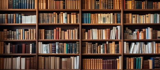 Vintage books on bookshelves in old library. Education concept.