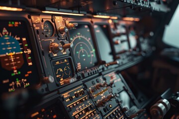 Airplane cockpit control panel showing flight data during flight at night