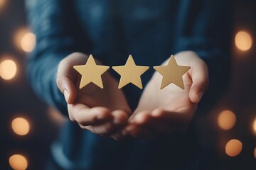 Customer experience, best score rating, client feedback or consumer review, 5 stars rating, like or positive survey, customer satisfaction concept, happy young adult customer holding 5 stars rating. 