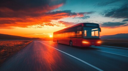 Red Bus Driving on a Highway at Sunset