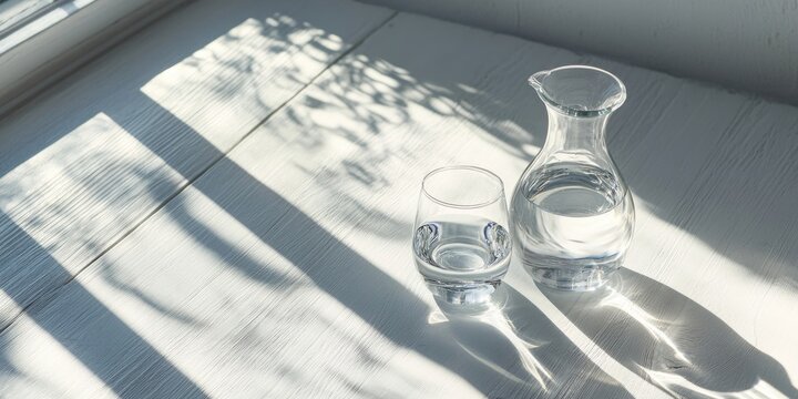 Shadows from the carafe and a glass of water on a white wooden surface.