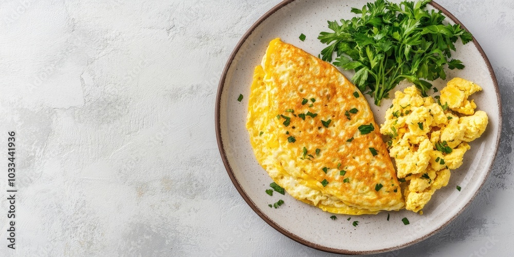 Aufkleber omelet and scrambled eggs on a plate against a white stone background with copy space. top view, fla