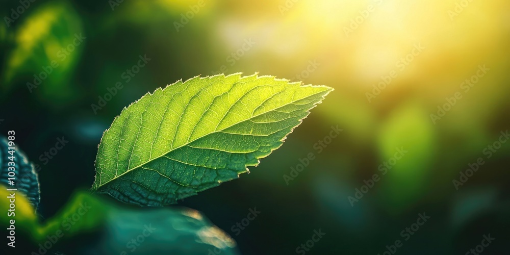 Aufkleber close-up of a green leaf in sunlight in the garden. natural backdrop with copyspace.
