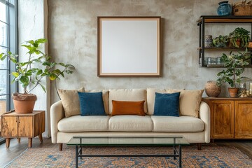 Interior design of modern living room interior with mock up poster frame, modern sofa, wooden sideboard, glass coffee table, rug, wall with stucco and, Generative AI