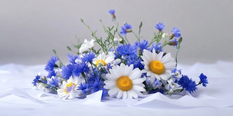 A bouquet of daisies and cornflowers on a white table made of recycled paper.
