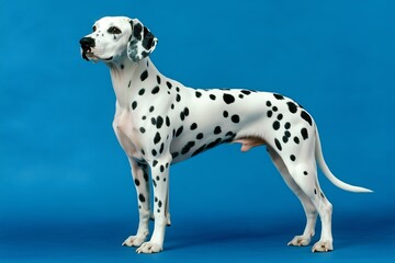 Dalmatian dog standing on blue background, displaying its iconic black spots and elegant posture 