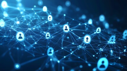 Abstract Network of Interconnected User Icons on a Blue Background