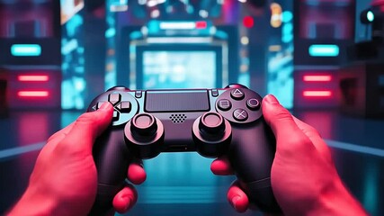 Engage in a thrilling gaming experience while holding a controller amidst a colorful, dynamic backdrop filled with neon lights
