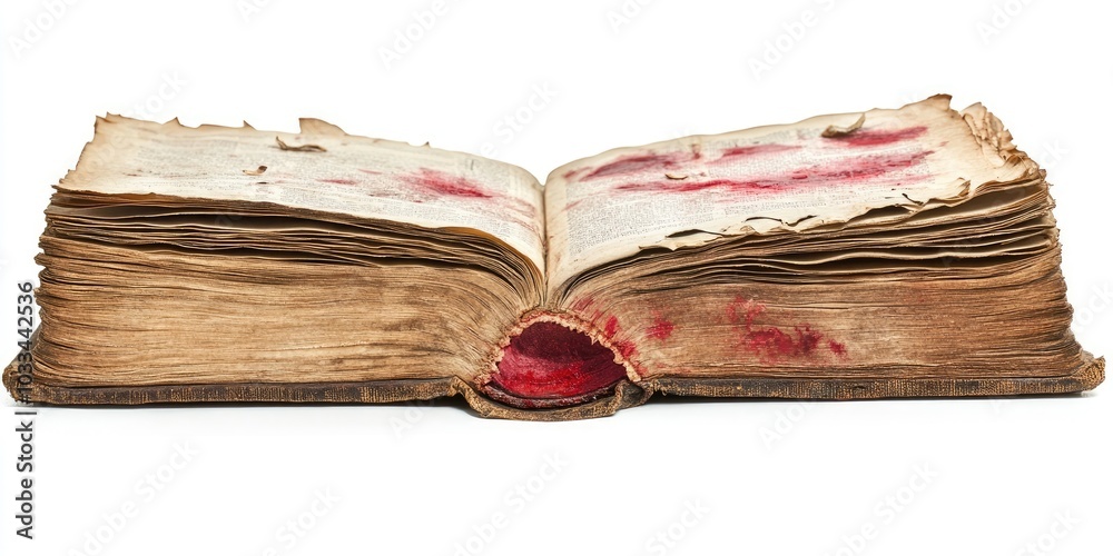 Poster old book with red stains, isolated on a white background