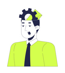 Gear envelope inside head overwhelmed man office worker 2D cartoon character. Asian male overload work employee shirt tie isolated person flat vector on white background. Spot illustration colorful