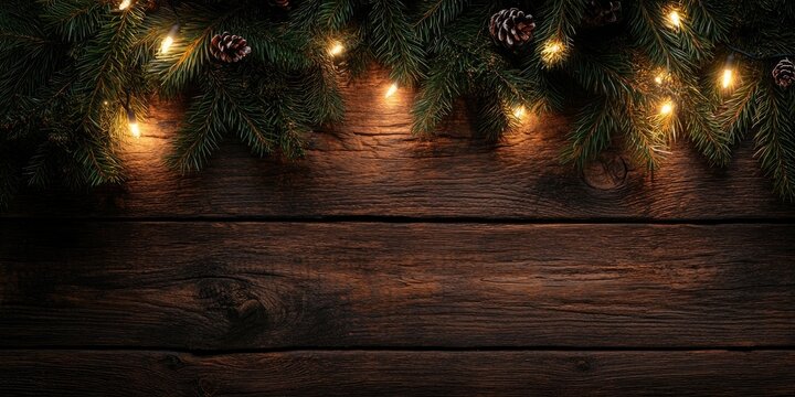 A Christmas tree garland shines on a rustic wooden table, creating a festive background.