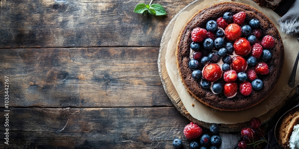 Poster sweet cake as a dessert idea on a rustic backdrop with copyspace.