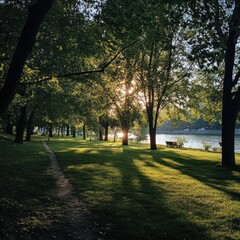 Fototapeta premium A serene path through a lush green park, with a glistening river and the golden sun peeking through the trees.