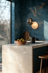 Interior design of kitchen interior with marble kitchen island, blue wall, black chokers, bowl with fruits, big window, cup, wooden floor, lamp on wall and personal accessories. Home decor