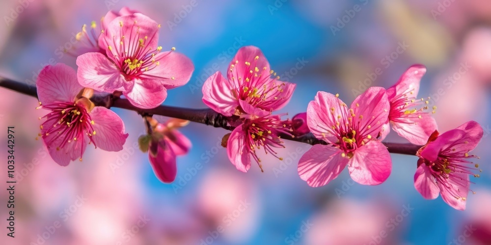 Poster Pink flowers on a tree branch, with a blurred background featuring a blue sky, representing a spring theme.