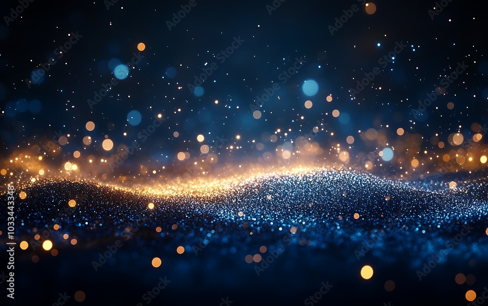 Fototapete A mesmerizing wave of sparkling particles in blue and gold hues, creating a stunning visual display reminiscent of a magical, cosmic landscape.