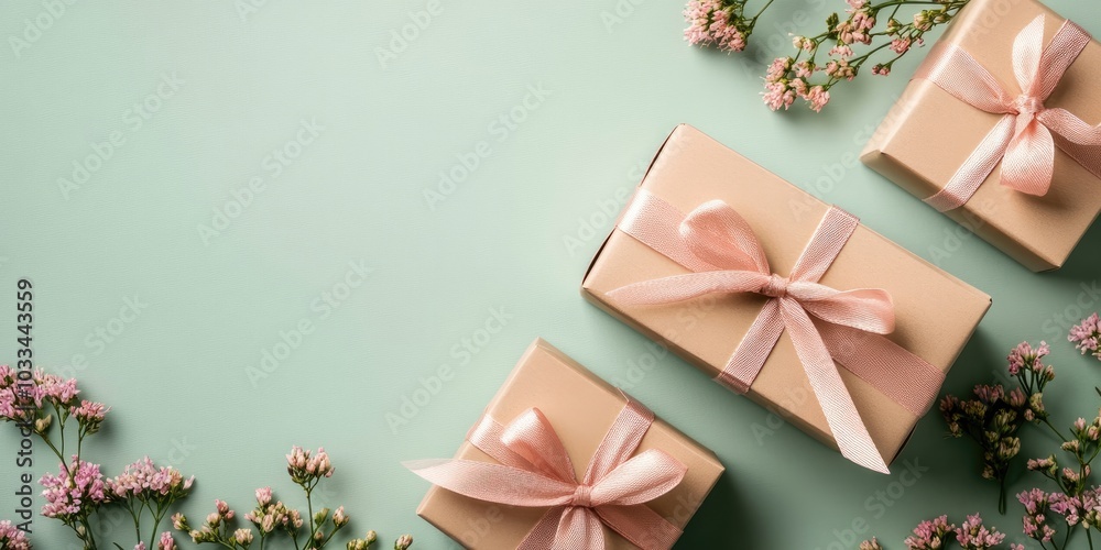 Aufkleber gift boxes tied with ribbon on a green pastel backdrop with copy space. minimal concept of a spring 