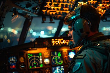 Fototapeta premium Airline pilot wearing headset and looking out cockpit window at night