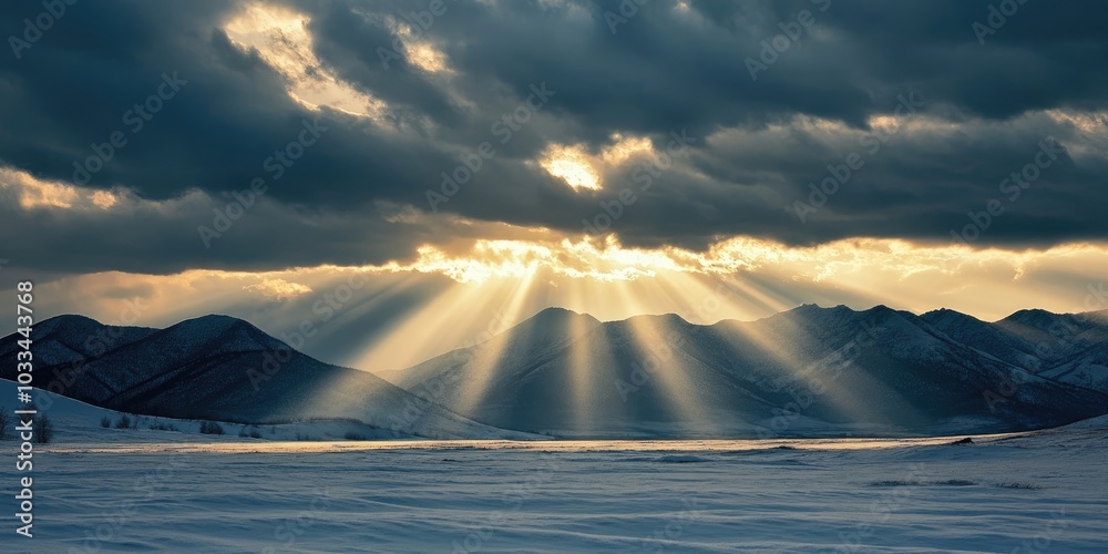 Poster sunlight breaking through the clouds in the winter sky.