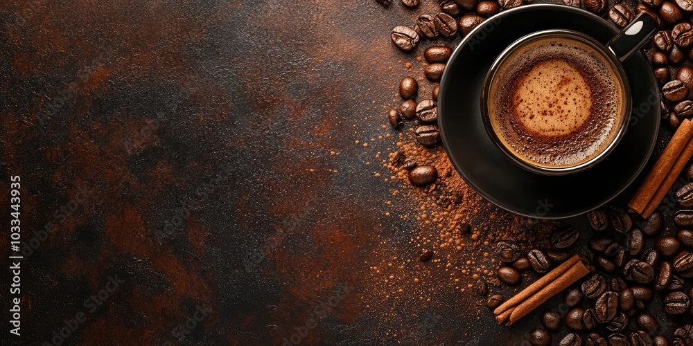 Poster black coffee with cinnamon on a dark background. copy space for your text