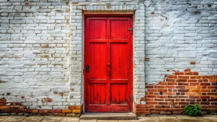 Old Red Wooden Door Against White Brick Wall - Rustic Charm, Architectural Detail, Vintage Aesthetic, Textured Surface, Weathered Wood, Historic Architecture, Urban Exploration, Exterior Design