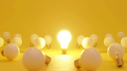 Glowing Light Bulb between the others on yellow light background. Leadership, innovation, great idea and individuality concepts. 3d rendering