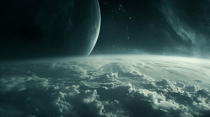 Fototapeta premium A beautiful view in the dark night sky, surrounded by stars and clouds, showcasing the vastness of space.